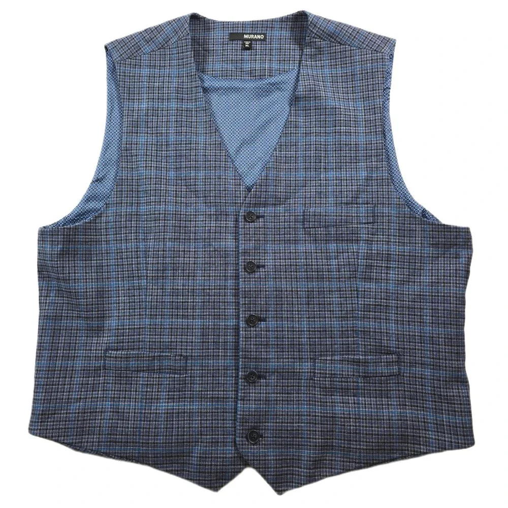 Murano Suit Vest Mens XL Blue Plaid Polyester Stretch Dress Waistcoat